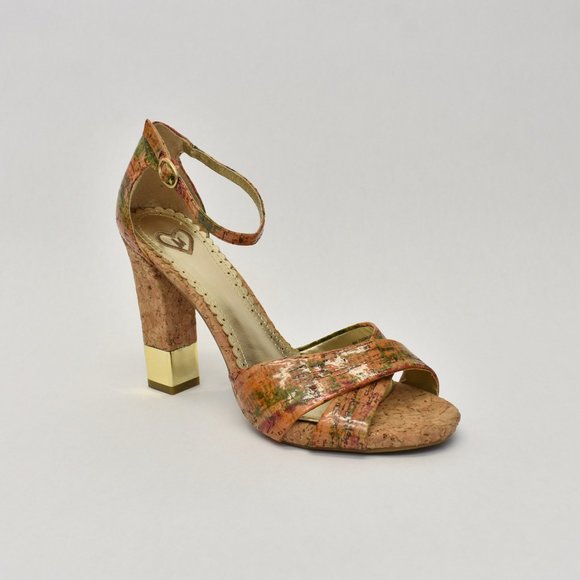 Sz 8 Cork & Gold Block Open-toe Block Heel - Picture 5 of 10